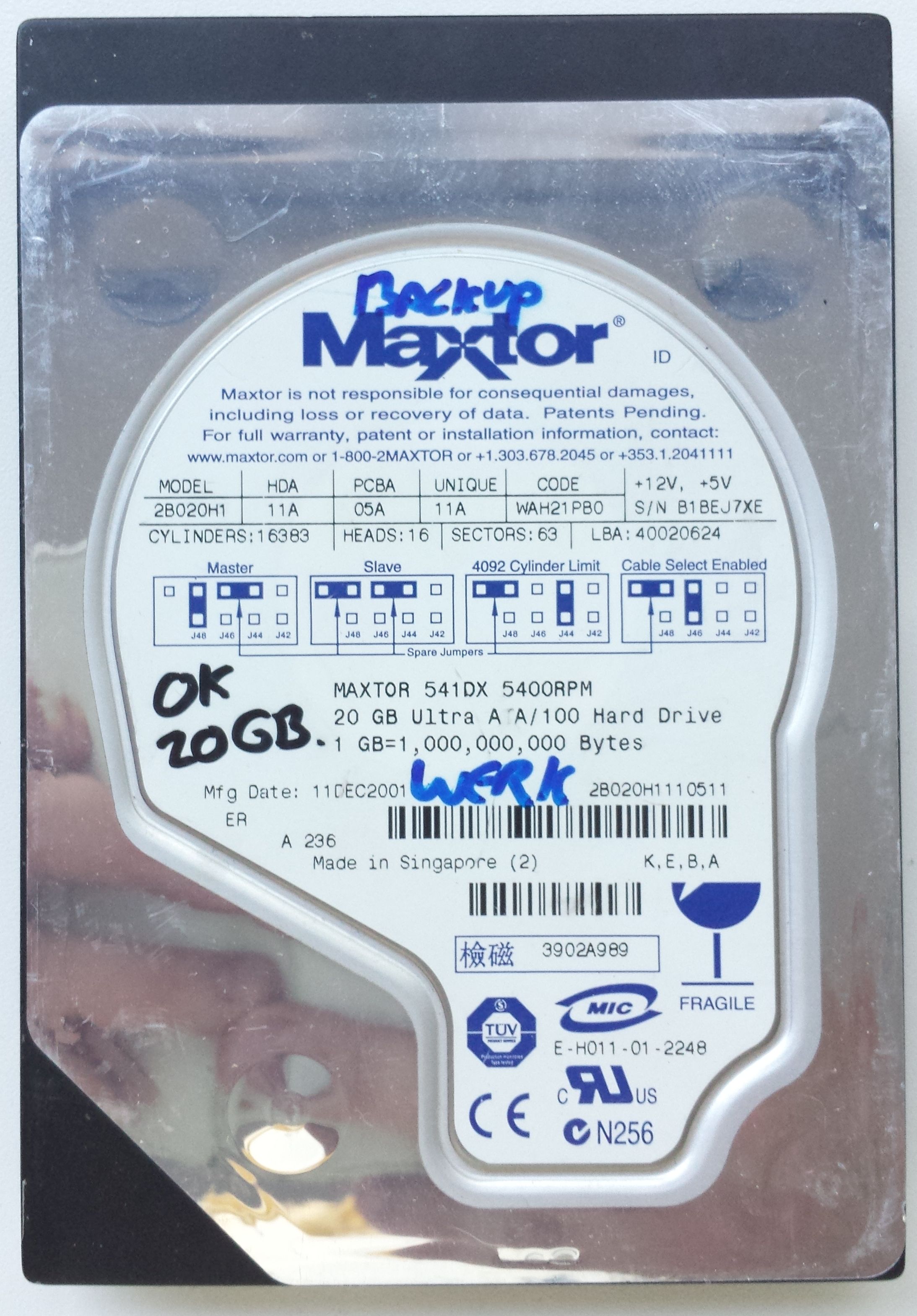 HDD PATA/100 3.5" 20GB / Maxtor DiamondMax D541X (2B020H1)